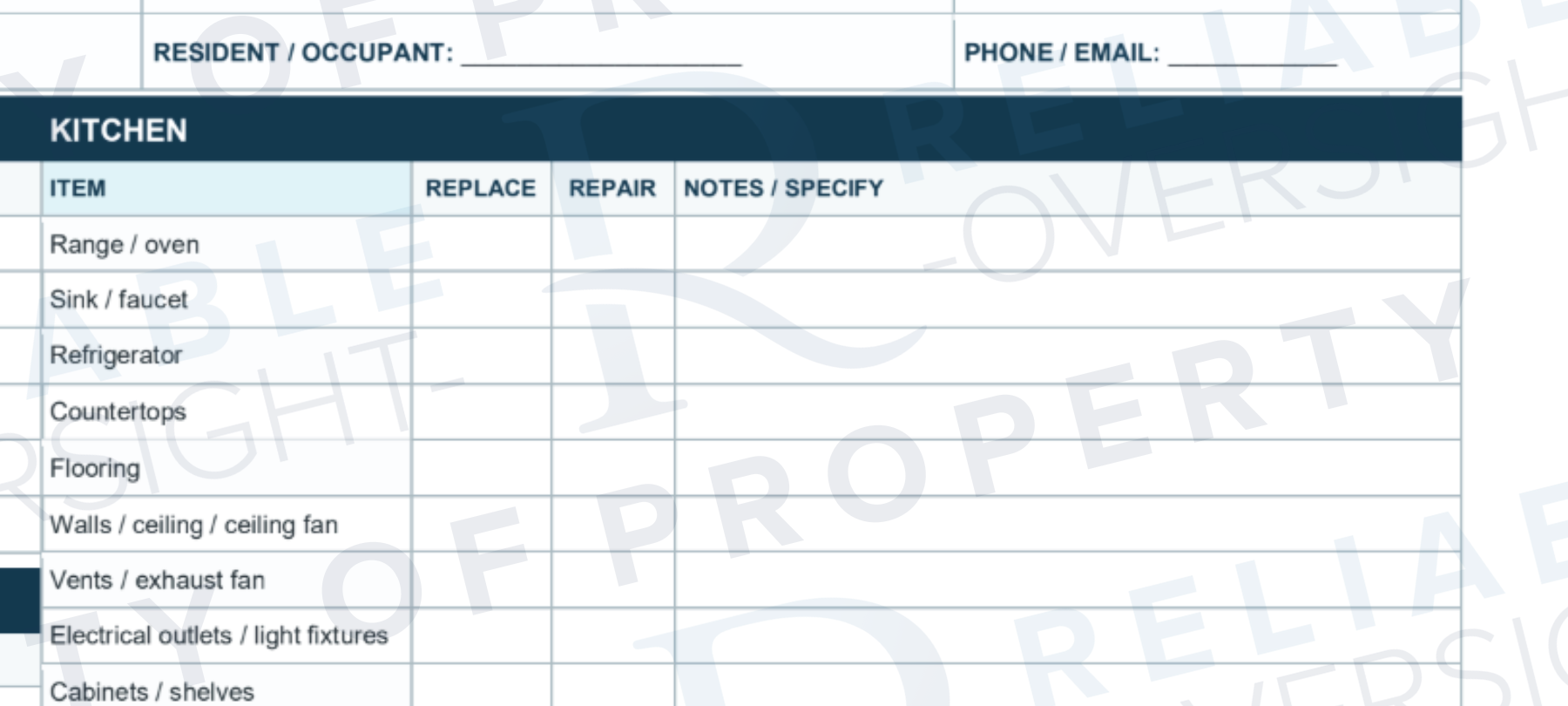 Kitchen section of the Reliable Oversight blank unit inspection checklist